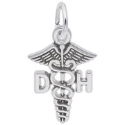 The "Dental Hygienist Caduceus Charm" by Rembrandt Charms is a sterling silver pendant featuring the letters "D" and "H" on either side of a staff with two snakes entwined around it and wings at the top, making it an ideal gift for a dedicated dental hygienist.