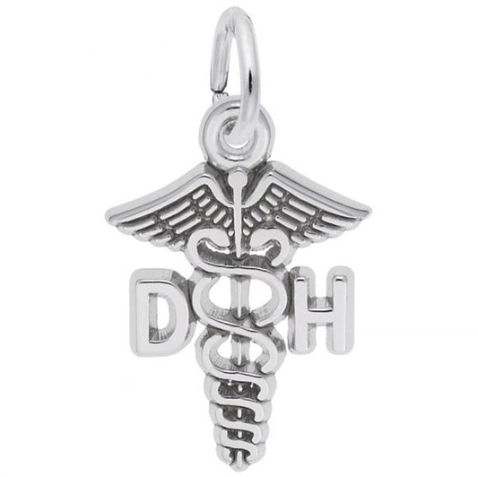 The "Dental Hygienist Caduceus Charm" by Rembrandt Charms is a sterling silver pendant featuring the letters "D" and "H" on either side of a staff with two snakes entwined around it and wings at the top, making it an ideal gift for a dedicated dental hygienist.