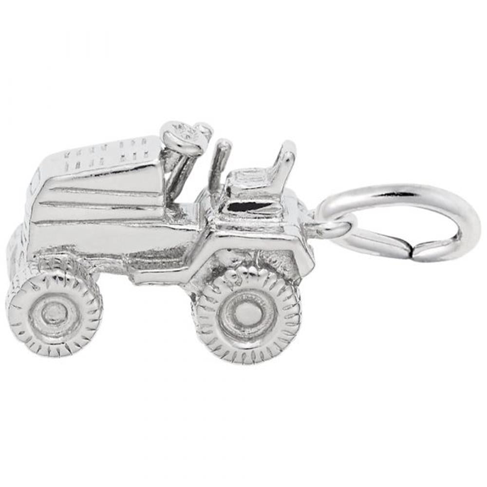 The Rembrandt Charms Riding Lawn Mower Charm in Sterling Silver is shaped like a toy tractor and features intricate details including a steering wheel, seat, and large textured wheels. It bears a close resemblance to a miniature riding lawn mower and comes with a small loop for easy attachment to any bracelet or necklace.