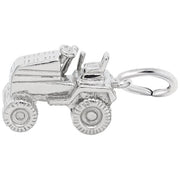 The Rembrandt Charms Riding Lawn Mower Charm in Sterling Silver is shaped like a toy tractor and features intricate details including a steering wheel, seat, and large textured wheels. It bears a close resemblance to a miniature riding lawn mower and comes with a small loop for easy attachment to any bracelet or necklace.