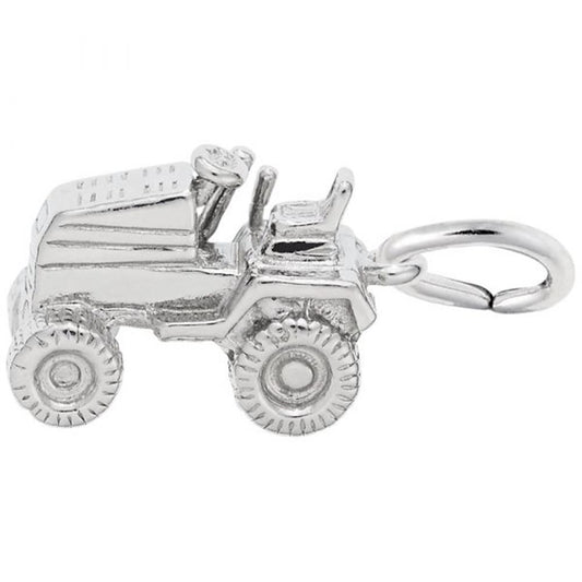 The Rembrandt Charms Riding Lawn Mower Charm in Sterling Silver is shaped like a toy tractor and features intricate details including a steering wheel, seat, and large textured wheels. It bears a close resemblance to a miniature riding lawn mower and comes with a small loop for easy attachment to any bracelet or necklace.