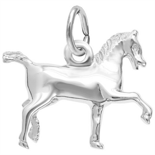 The Rembrandt Charms Horse Charm, made from sterling silver, features a pendant shaped like a trotting horse. This piece showcases intricate details such as a flowing mane and defined muscles, with a hoop at the top for attaching to a chain.