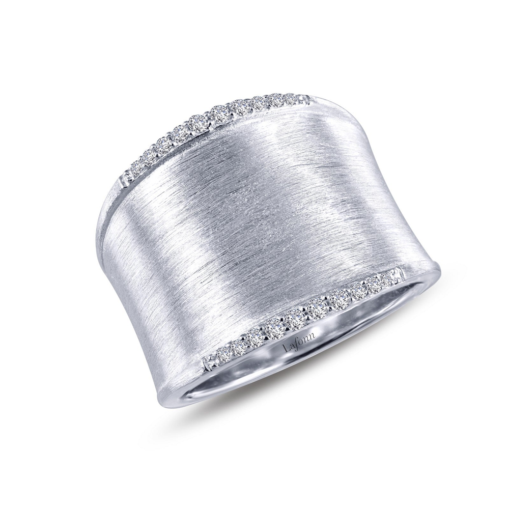 Introducing the Sleek Wide Band Cuff Ring by Lafonn, expertly crafted from sterling silver and bonded with platinum. This ring features a wide, brushed metal design with a matte finish. The top and bottom edges are adorned with Lafonn's signature Lassaire simulated diamonds, adding an elegant touch to the piece.