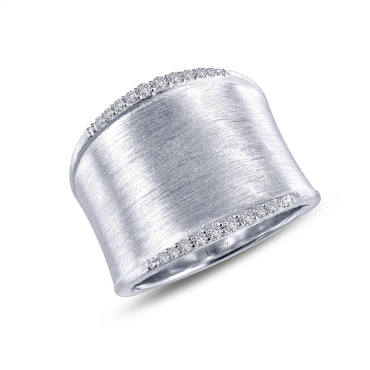 Introducing the Sleek Wide Band Cuff Ring by Lafonn, expertly crafted from sterling silver and bonded with platinum. This ring features a wide, brushed metal design with a matte finish. The top and bottom edges are adorned with Lafonn's signature Lassaire simulated diamonds, adding an elegant touch to the piece.