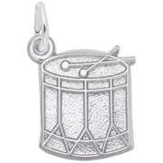 The Rembrandt Charms Drum Charm in sterling silver features intricate detailing with finely crafted drumsticks and a realistic drum skin, complete with a loop at the top for easy attachment to a bracelet or necklace.