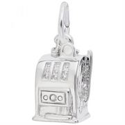 The Las Vegas Slot Machine Charm - SS by Rembrandt Charms is a silver-colored charm shaped like a slot machine, featuring intricate details such as reels, buttons, and a side handle. It includes a small loop at the top for easy attachment to a bracelet or necklace.