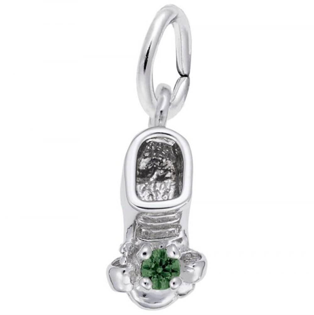 The image shows the Sterling Silver May Baby Bootie Charm from Rembrandt Charms. This charm is delicately crafted in sterling silver and features a beautiful emerald-colored stone at the front, symbolizing the birthstone for May. The charm has dimensions of 0.24 inches by 0.44 inches (6.09 mm x 11.21 mm) and the style number is 0473-005. It's an ideal keepsake to commemorate the birth of a loved one in May, adding a personal and meaningful touch to any charm bracelet