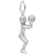 The Rembrandt Charms Shootin’ Hoops Charm in sterling silver features a female basketball player in mid-action, holding a ball as if about to shoot. The pendant includes an attached loop for a chain or necklace, making it perfect for those who love shooting hoops.