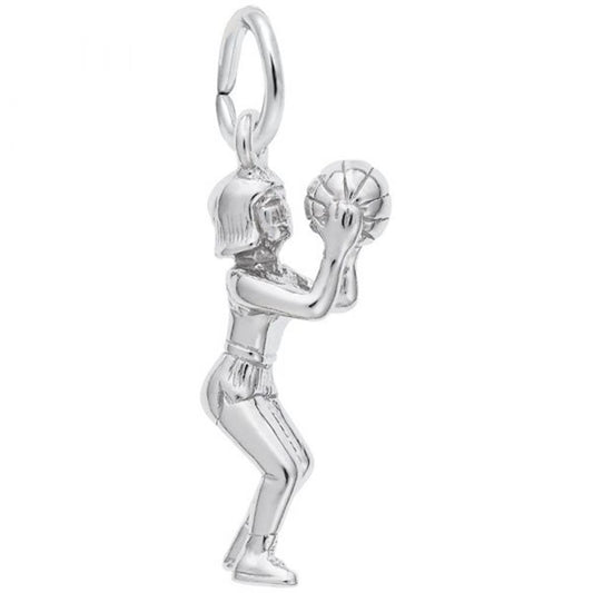 The Rembrandt Charms Shootin’ Hoops Charm in sterling silver features a female basketball player in mid-action, holding a ball as if about to shoot. The pendant includes an attached loop for a chain or necklace, making it perfect for those who love shooting hoops.