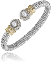 The Alwand Vahan Jewelry 6mm Pearl open bangle features sterling silver and 14k gold, with two round pearl ends each accented by sparkling stones.