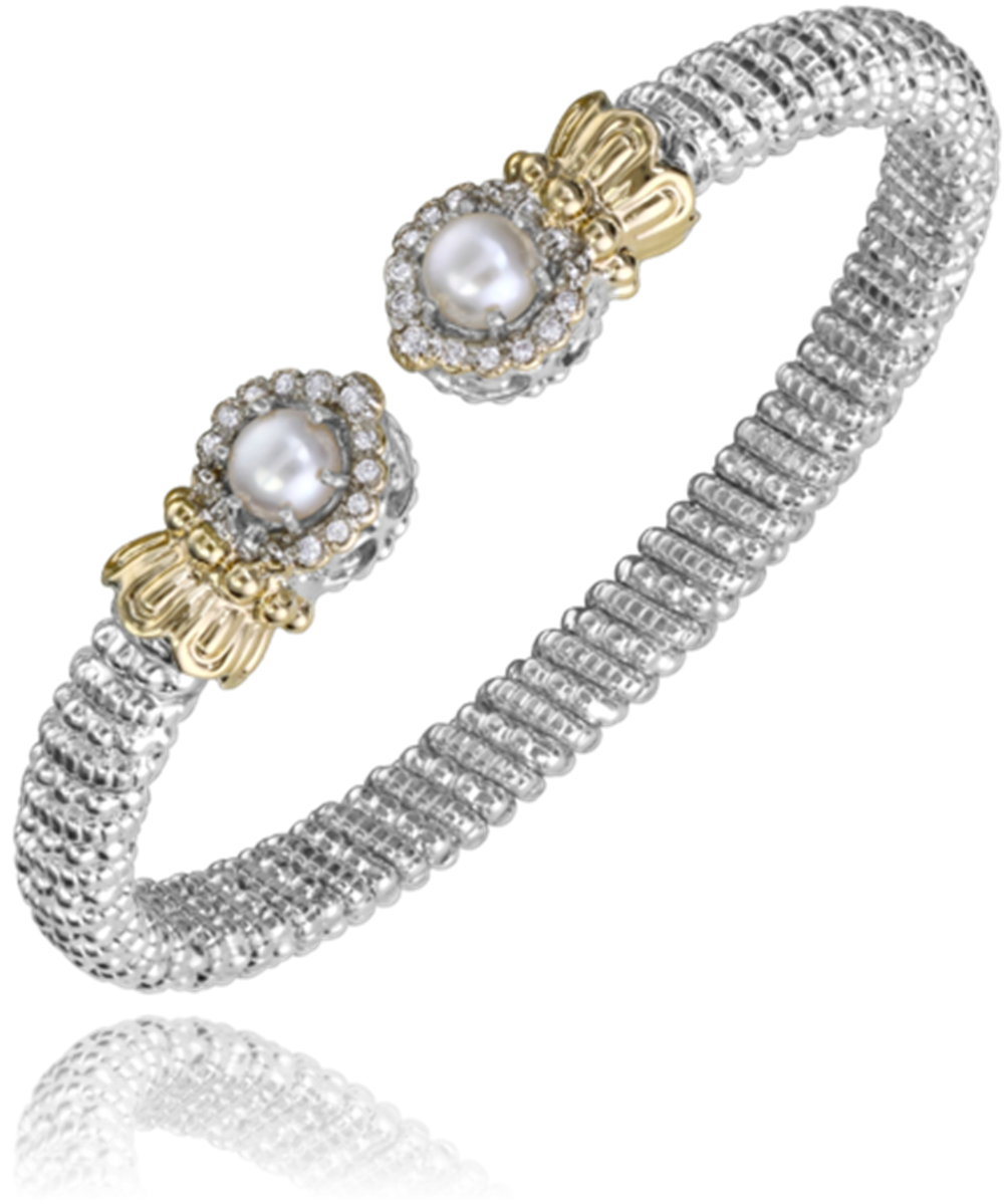 The Alwand Vahan Jewelry 6mm Pearl open bangle features sterling silver and 14k gold, with two round pearl ends each accented by sparkling stones.