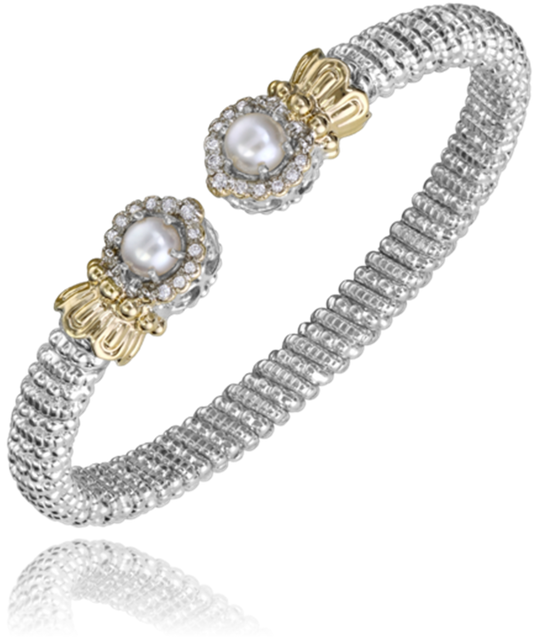 The Alwand Vahan Jewelry 6mm Pearl open bangle features sterling silver and 14k gold, with two round pearl ends each accented by sparkling stones.