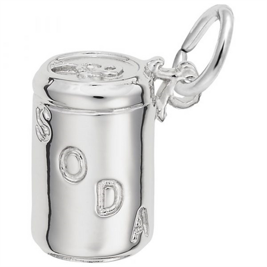 The Rembrandt Charms soda can - ss is a silver charm shaped like a soda can with "SODA" embossed on the side. It features a top loop for easy attachment to bracelets or necklaces.