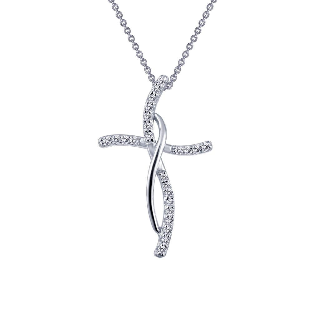 The Lafonn 0.24 CTW Cross Pendant Necklace features a silver pendant adorned with small, sparkling diamonds. The pendant boasts a flowing, elegant design with interwoven curves, giving it a modern and sophisticated appearance. Its delicate chain beautifully complements the intricate pendant.