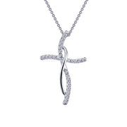 The Lafonn 0.24 CTW Cross Pendant Necklace features a silver pendant adorned with small, sparkling diamonds. The pendant boasts a flowing, elegant design with interwoven curves, giving it a modern and sophisticated appearance. Its delicate chain beautifully complements the intricate pendant.