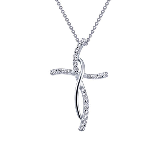 The Lafonn 0.24 CTW Cross Pendant Necklace features a silver pendant adorned with small, sparkling diamonds. The pendant boasts a flowing, elegant design with interwoven curves, giving it a modern and sophisticated appearance. Its delicate chain beautifully complements the intricate pendant.