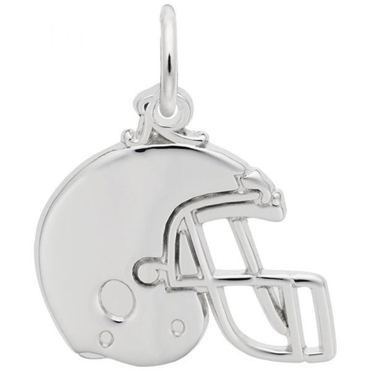 The Rembrandt Charms Flat Football Helmet Charm showcases a polished sterling silver charm crafted in the shape of an American football helmet, complete with detailed features such as the face guard and ear hole. It includes a small loop at the top for easy attachment to a bracelet or necklace.