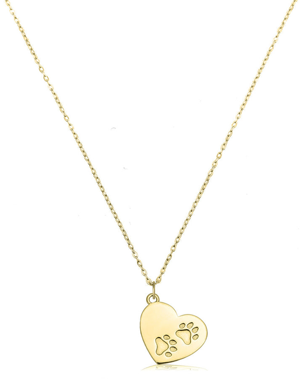 The Paws of Love Gold Charm Necklace by T Jazelle features a heart-shaped pendant with two cut-out paw prints, symbolizing love for animals, displayed on a white background.