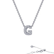The Lafonn Letter G Pendant Necklace is a timeless piece, featuring a pendant shaped like the letter 'G' adorned with small, sparkling crystals. The chain is linked and the clasp attachment is visible at the bottom of the image, showcasing intricate details of the closure mechanism.
