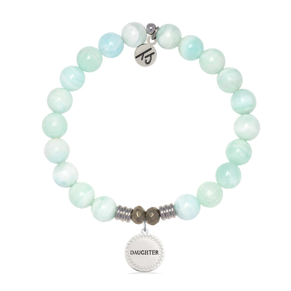 The T Jazelle Hemimorphite Gemstone Bracelet with Endless Love Daughter Sterling Silver charm is a stretchy light blue beaded bracelet with metallic spacers—an ideal, thoughtful daughter gift.