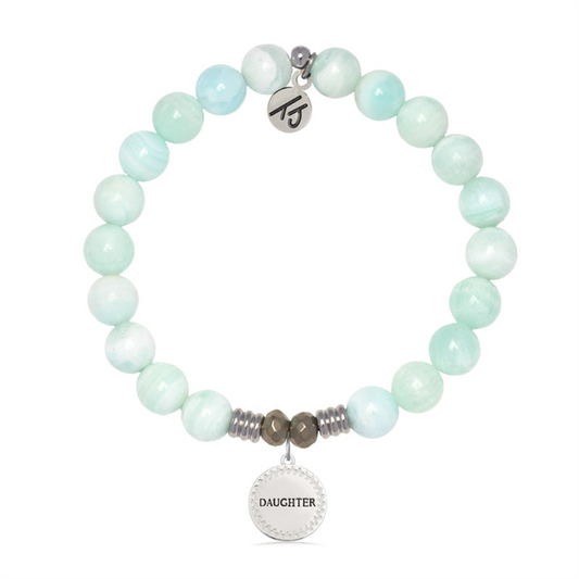 The T Jazelle Hemimorphite Gemstone Bracelet with Endless Love Daughter Sterling Silver charm is a stretchy light blue beaded bracelet with metallic spacers—an ideal, thoughtful daughter gift.