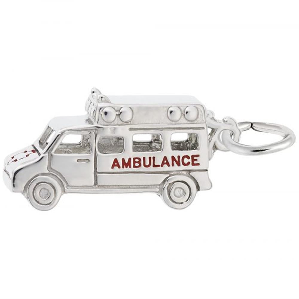 'Sterling silver ambulance charm with red text reading "AMBULANCE," measuring 0.68 inches by 0.38 inches, featuring a loop for attachment.'