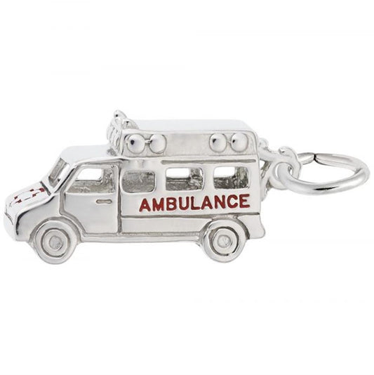 'Sterling silver ambulance charm with red text reading "AMBULANCE," measuring 0.68 inches by 0.38 inches, featuring a loop for attachment.'