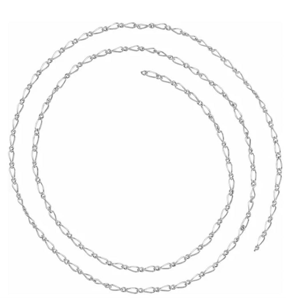 The 14KW Figaro Chain by Stuller-Stuller, featuring a 1.5mm delicate rhodium-plated silver design, spirals gracefully on a white background.