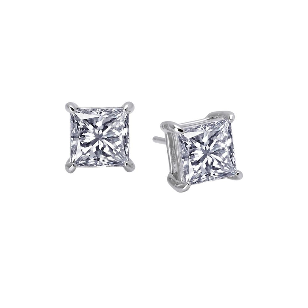 The Lafonn 4 CTW Princess Cut Solitaire Stud Earrings feature square clear stones in silver prongs, shown on a white background.