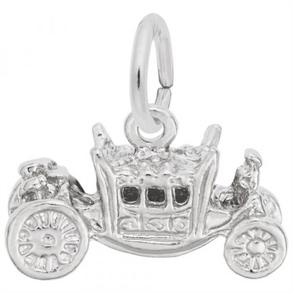 Add a touch of fairytale elegance to your jewelry collection with the Royal Carriage Charm by Rembrandt Charms. This sterling silver charm is shaped like a vintage horse-drawn carriage, complete with intricate wheels and window detailing, and features a top loop for easy attachment to your bracelet or necklace.