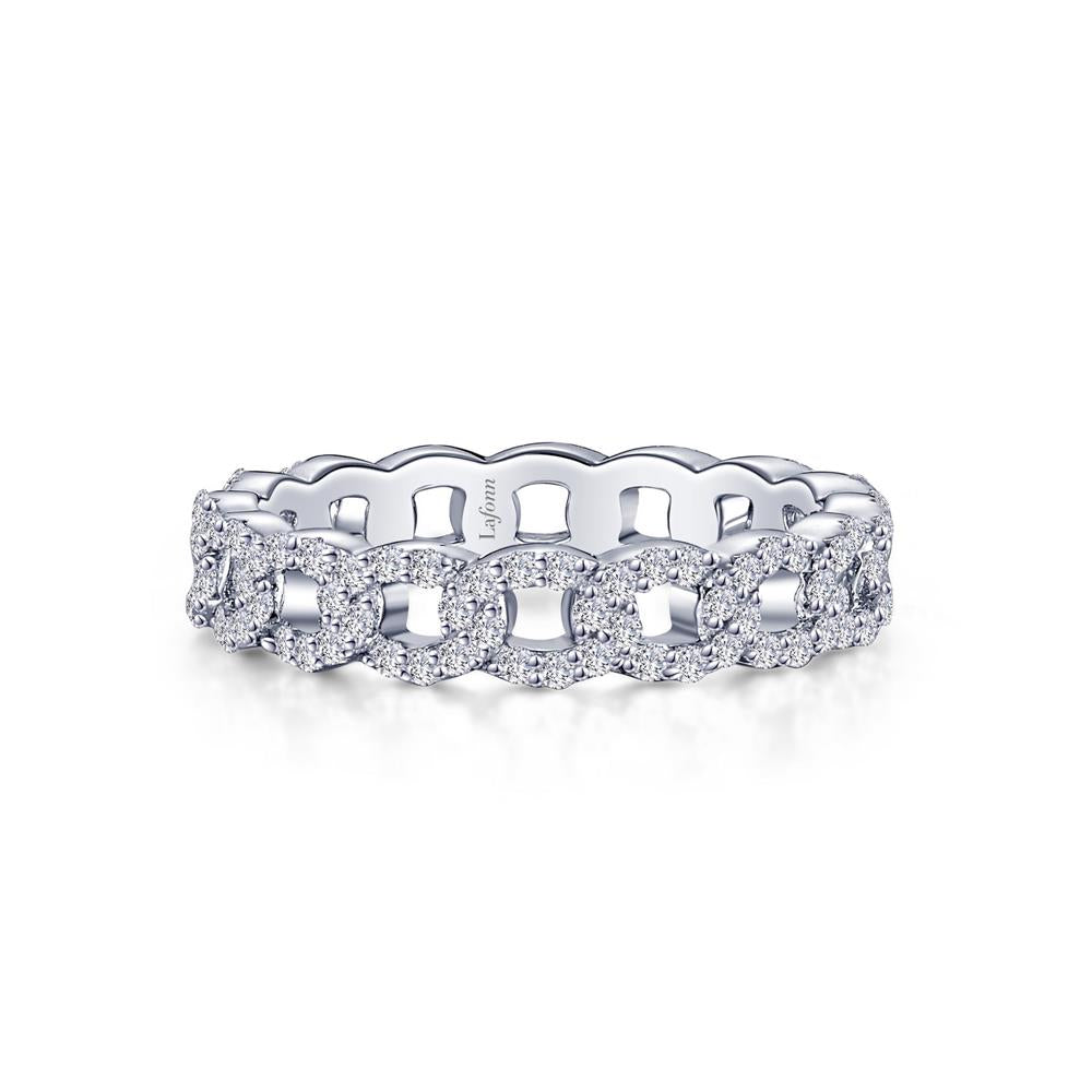 The Interlocking Circles Eternity Band by Lafonn features a sophisticated and elegant design, showcasing an intricate chain-link pattern adorned with small, sparkling diamonds all around. The continuous loop of interlocking circles and diamonds enhances its refined appearance.