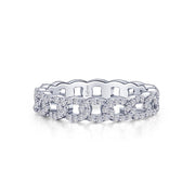 The Interlocking Circles Eternity Band by Lafonn features a sophisticated and elegant design, showcasing an intricate chain-link pattern adorned with small, sparkling diamonds all around. The continuous loop of interlocking circles and diamonds enhances its refined appearance.
