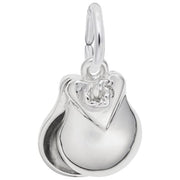 A Castanet Charm from Rembrandt Charms, crafted in sterling silver and designed to resemble a rosebud with intricately detailed petals and a glossy finish, hangs elegantly from a small loop at the top.