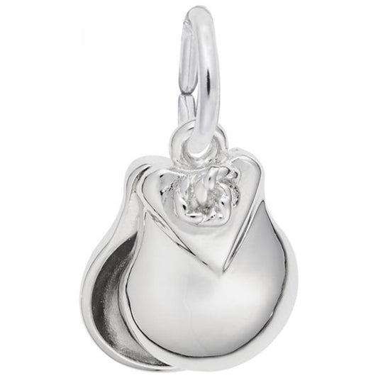 A Castanet Charm from Rembrandt Charms, crafted in sterling silver and designed to resemble a rosebud with intricately detailed petals and a glossy finish, hangs elegantly from a small loop at the top.