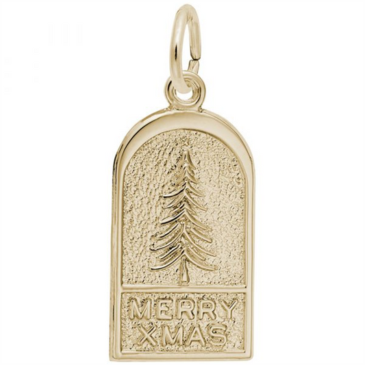 The Rembrandt Charms Merry X-Mas Tree Charm, crafted from 14K yellow gold, showcases a rectangular pendant with a raised Christmas tree design and the text "MERRY XMAS" engraved at the bottom. It includes a loop at the top for attaching to a chain or bracelet.