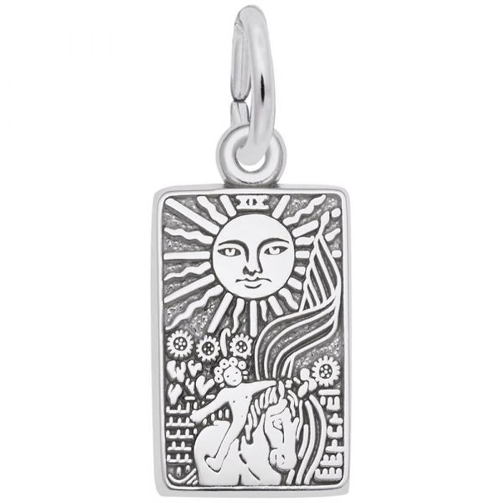 The Tarot Card Charm by Rembrandt Charms is a rectangular sterling silver pendant engraved with a sun featuring a face at the top, emitting radiant rays downward. Below the sun, the intricate design includes flowers, a woman's head with flowing hair, and a detailed border that evokes the style of a tarot card. The charm comes with an attached loop for wearing.