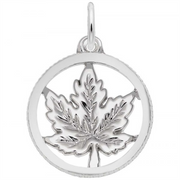 The Rembrandt Charms Maple Leaf Charm in sterling silver features a delicate maple leaf cutout within a circular frame. The charm boasts a smooth, polished finish and includes a small loop at the top, perfect for attaching to a necklace or chain.