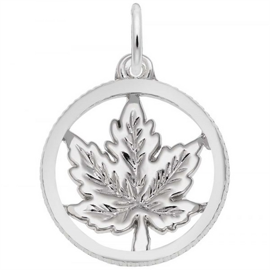 The Rembrandt Charms Maple Leaf Charm in sterling silver features a delicate maple leaf cutout within a circular frame. The charm boasts a smooth, polished finish and includes a small loop at the top, perfect for attaching to a necklace or chain.