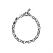 The King Baby SS Twisted Eight Link bracelet features interlocking twisted silver links and a polished, shiny finish. It includes a secure toggle clasp made up of a bar and ring to keep the bracelet fastened while worn.