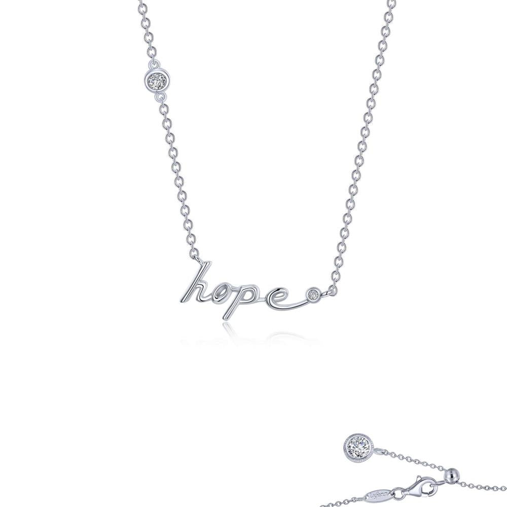 The Lafonn Hope Word Necklace boasts a delicate silver chain featuring the word "hope" crafted in elegant cursive letters. The chain is adorned with small, round, sparkling gems on each side of the word, and an additional gem at the clasp adds a further touch of elegance.