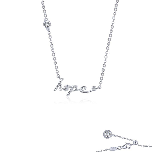 The Lafonn Hope Word Necklace boasts a delicate silver chain featuring the word "hope" crafted in elegant cursive letters. The chain is adorned with small, round, sparkling gems on each side of the word, and an additional gem at the clasp adds a further touch of elegance.