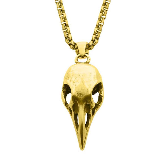 Distressed Matte 18Kt Gold IP Crow Skull Pendant with Chain | INOX