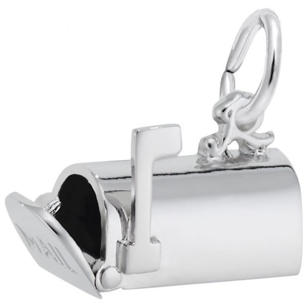 The Rembrandt Charms Mailbox Charm in sterling silver features a U.S. mailbox shape with a raised flag and an open hinged door, complete with a loop at the top for easy attachment to a bracelet or necklace.