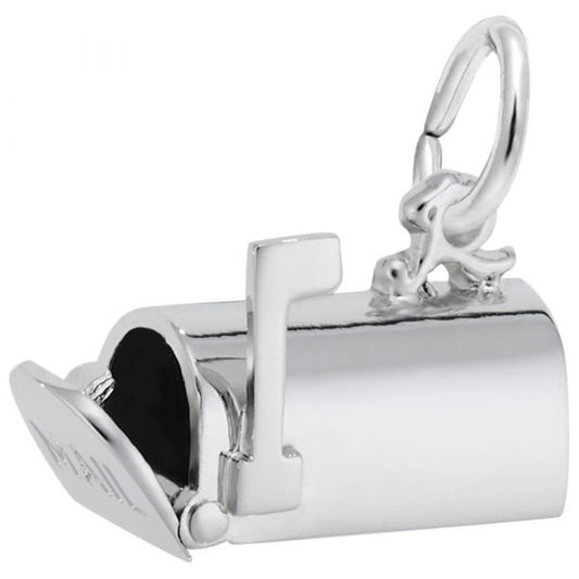 The Rembrandt Charms Mailbox Charm in sterling silver features a U.S. mailbox shape with a raised flag and an open hinged door, complete with a loop at the top for easy attachment to a bracelet or necklace.