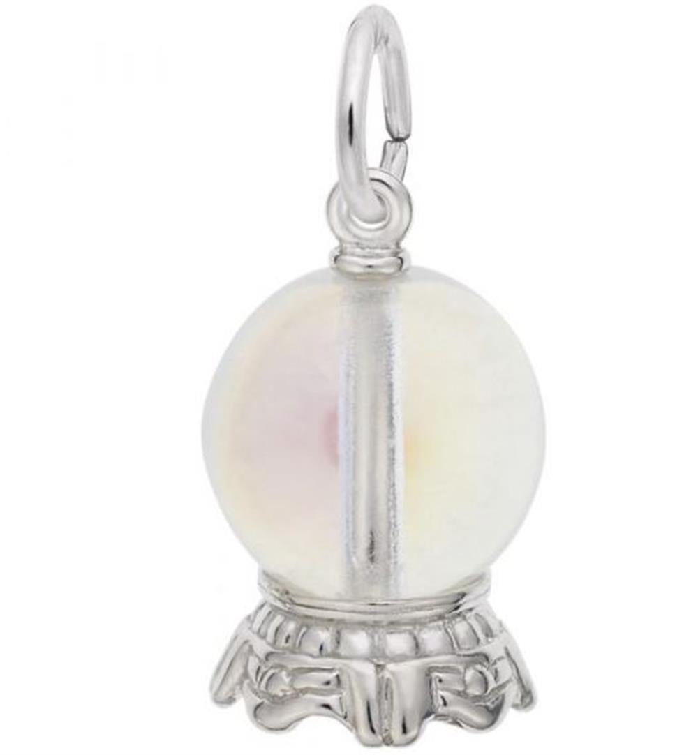 The Crystal Ball Charm in Sterling Silver by Rembrandt Charms is a pendant that resembles a mystical orb. It features a translucent spherical center with intricate metal detailing on the base and includes a loop for easy attachment to your favorite chain or bracelet.