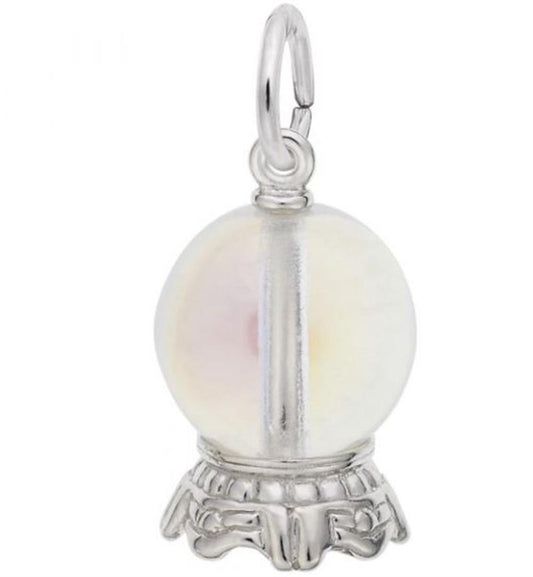 The Crystal Ball Charm in Sterling Silver by Rembrandt Charms is a pendant that resembles a mystical orb. It features a translucent spherical center with intricate metal detailing on the base and includes a loop for easy attachment to your favorite chain or bracelet.