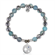 The T Jazelle Blue Silver Agate Gemstone Bracelet features alternating blue and silver beads, a sterling silver Mother Son charm with star and moon cutouts, a blue gemstone, and an engraved tag—perfect as a Mother Son bracelet.