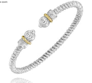 Discover the elegant Alwand Vahan Jewelry's 3MM Open Band /14KY and SS, a silver cuff bracelet featuring a spiraled texture. Each end is adorned with a detailed, bulbous silver design accented by gold-colored bands. The open-ended bracelet offers flexibility and showcases the beautiful craftsmanship of SS with 14KY accents.