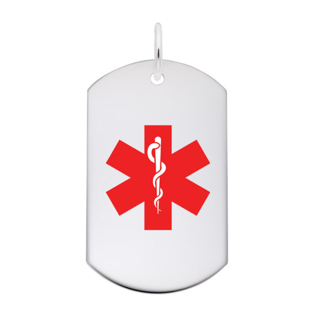 The Rembrandt Charms Medical Dog Tag - Painted features the red Star of Life and Rod of Asclepius on a white background, combining timeless design with crucial health details.