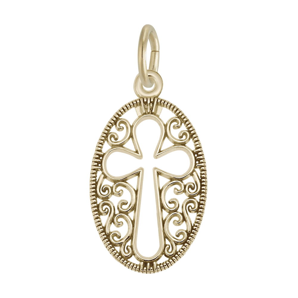 The Filigree Oval Cross Charm by Rembrandt Charms is gold plated and features an openwork design with ornate, swirling filigree edges and a small loop for attaching to a chain.